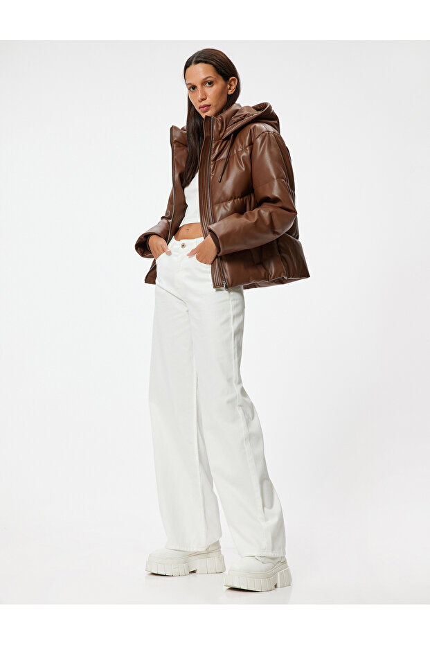 Inflatable Leather-Look Jacket with Hood and Zipper Pocket Detail