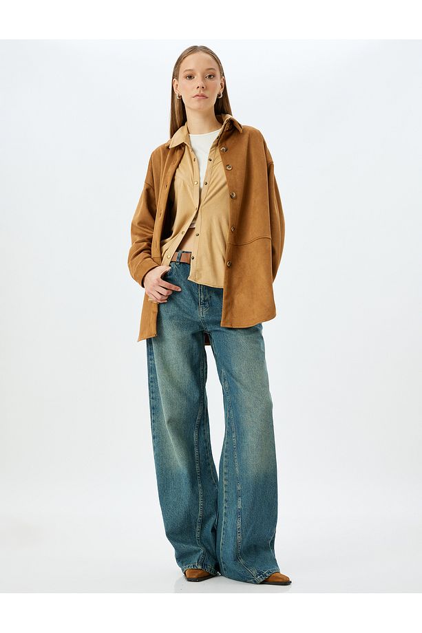 Geniş Paça Yüksek Bel Cep Detaylı Düğmeli Kot Pantolon - Wide Leg Jean - 1