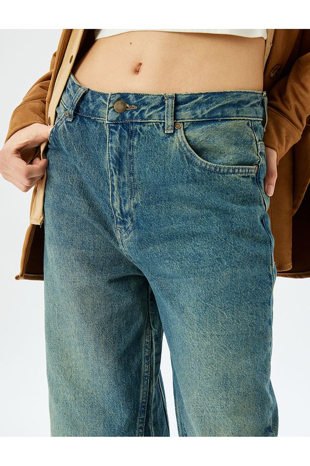Geniş Paça Yüksek Bel Cep Detaylı Düğmeli Kot Pantolon - Wide Leg Jean - 5