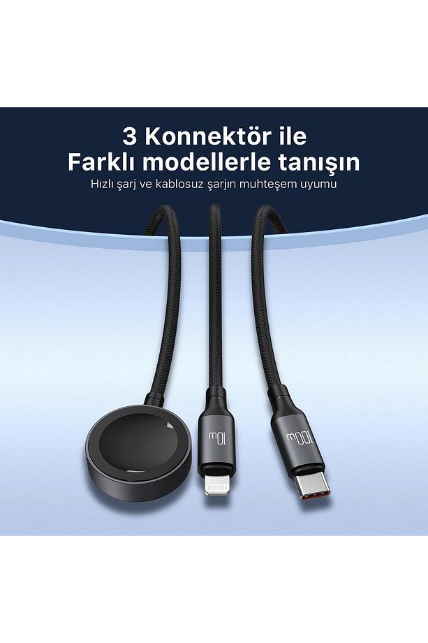 100w Type-c Lightning Ve Apple Watch Için 3’ü 1 Arada Çoklu Şarj Ve Data Kablosu Koyu Gri 1.2 Me - 6