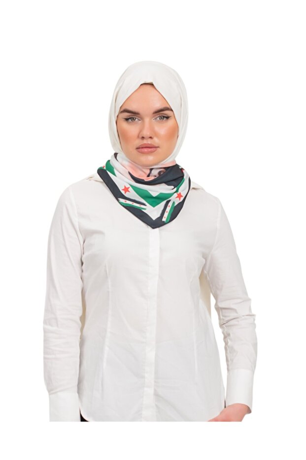 Scarf with Syria Flag Frame and Sarut Illustration, Digitally Printed, 45X45 cm