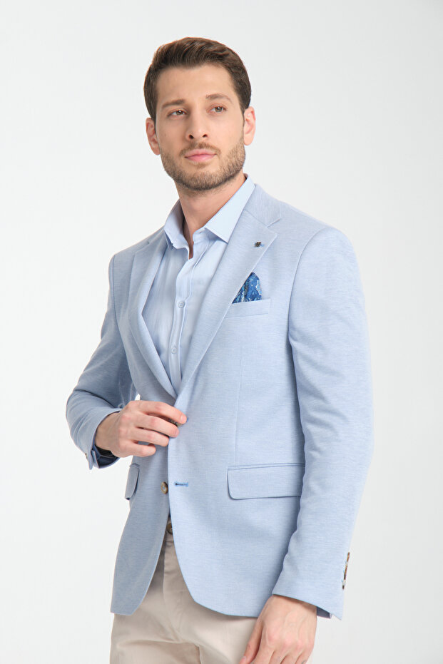 Ice Blue Modern Men's Blazer Mono Collar Sports Jacket Knitted