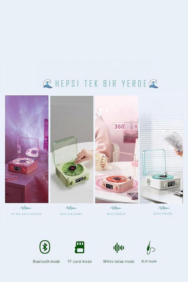Retro Pikap Plak Çalar Beyaz Gürültü White Noise Hoparlör Şarjlı Kablosuz Projektör Gece Lambası - 9