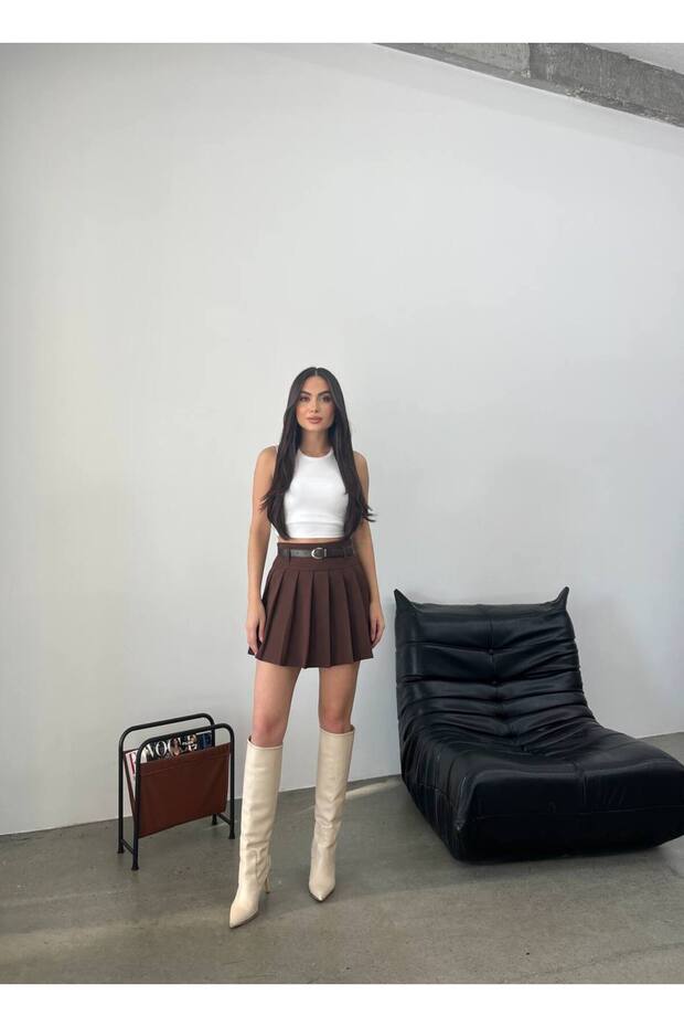 Brown Full Pleated Belted Lined Shorts Women's Mini Skirt