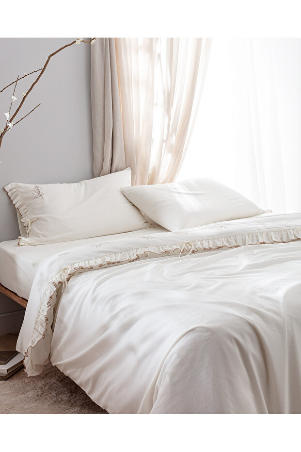 Perline King Size %100 Pamuk Fırfırlı Nevresim Takımı - Ekru/Bej - 3