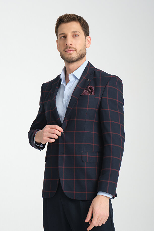 Plaid Pattern Mono Neck Slim Fit Blazer Single Jacket