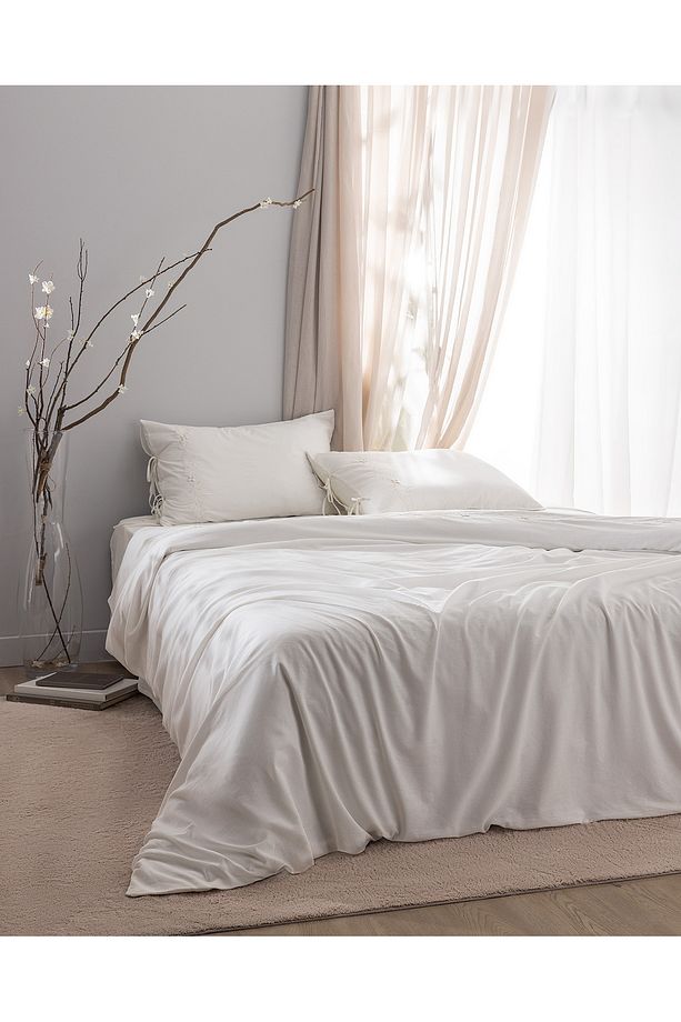 King Size %100 Pamuk Nakışlı Nevresim Takımı - Ekru - 1