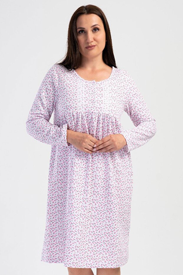 Women's Plus Size 2 Thread Long Sleeve Pink Nightgown C6T0N7O161