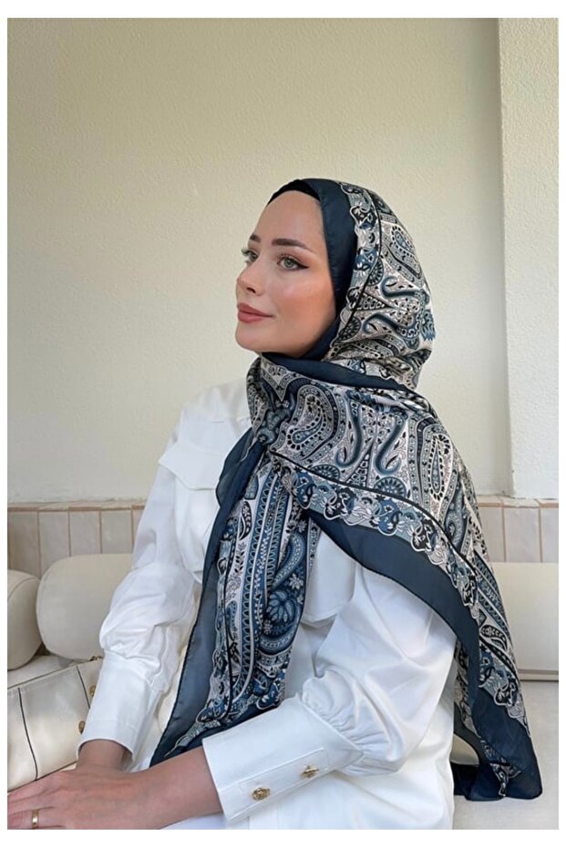 Ethnic Voile Silk Pashmina Pattern Shawl Navy Blue Cream