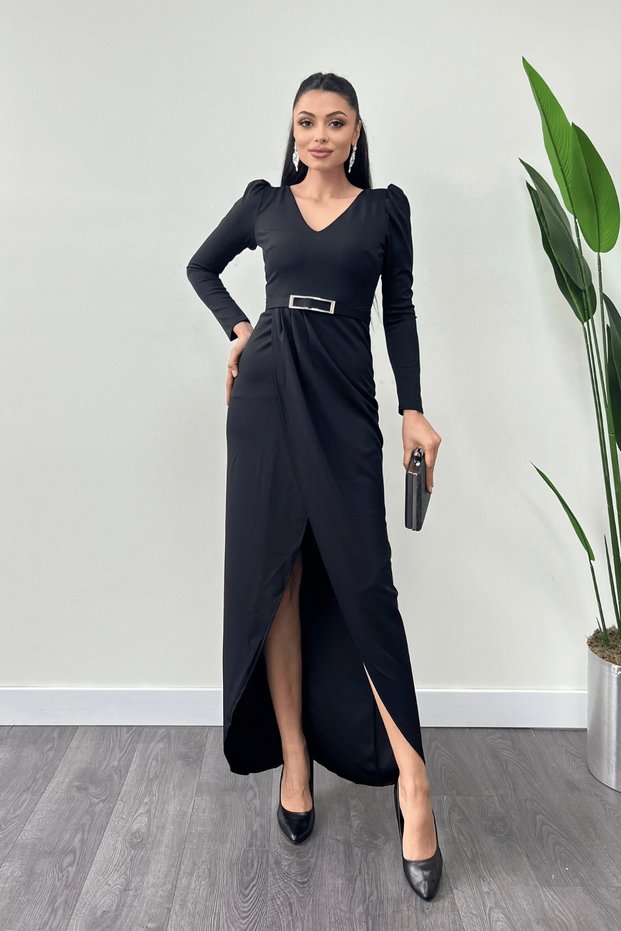 Imported Crepe Fabric Pleat Detailed Dress - Black
