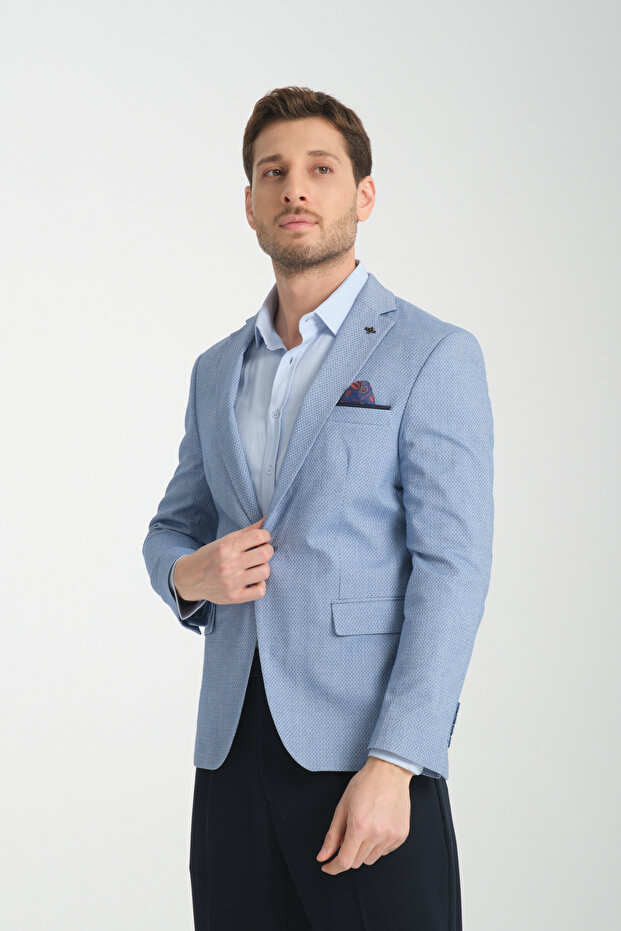 Odessa Men's Navy Blue Self-Patterned Seasonal Mono Collar Slim Fit Blazer Jacket