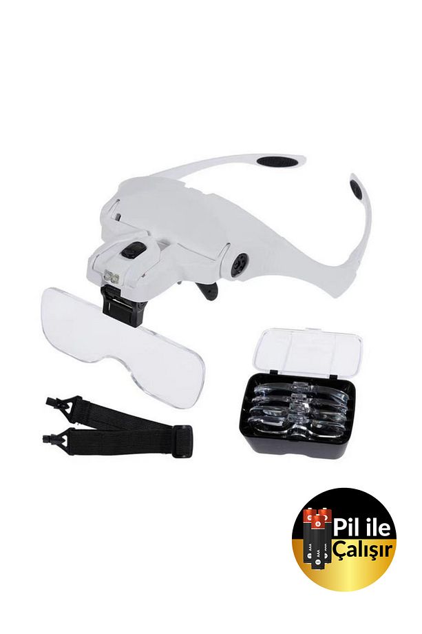 5 Lensli 2 Led Işıklı Ayarlanabilir Loop Gözlük Tipi Büyüteç - 1.0x - 3.5x Zoom - Üstün Kalite - 2