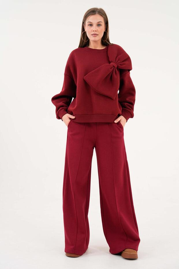 Women's Burgundy Brushed Inside Bow Detail Design Sweatshirt and Sweatpants Bottom/Top Set 28362