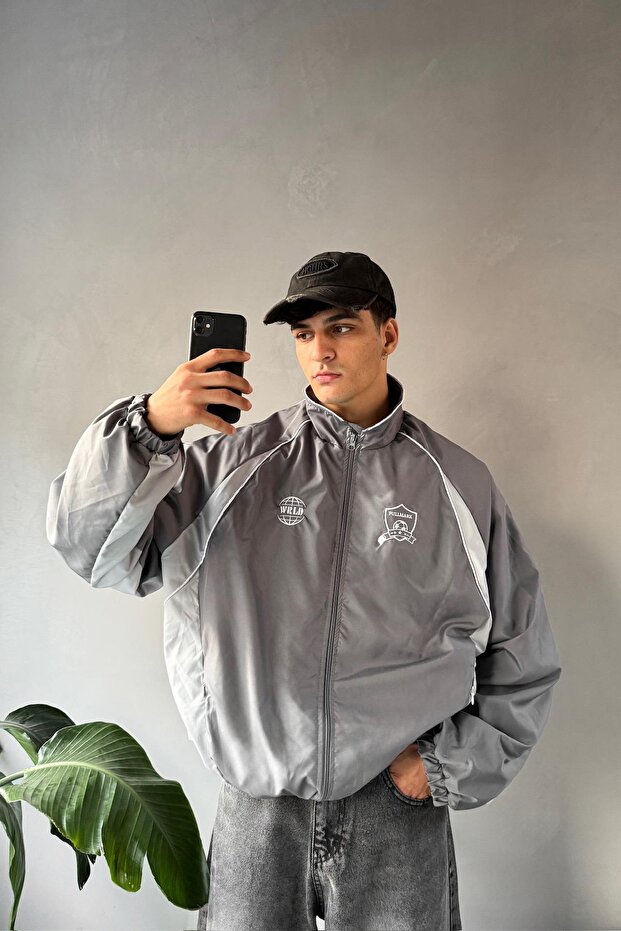 Ribbed Wrld Embroidered Gray Jacket
