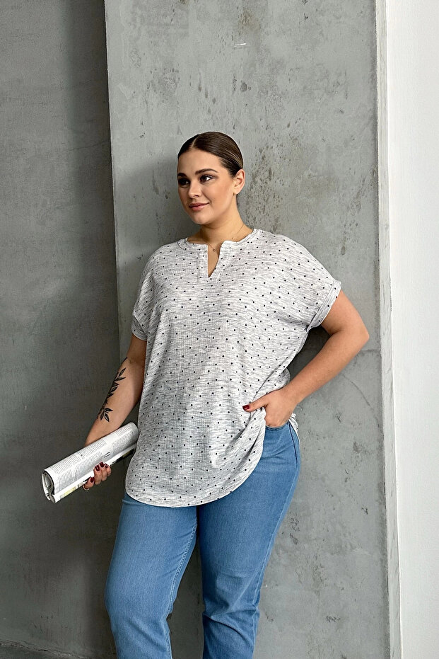 Plus Size Notch V Neck Short Sleeve Polka Dot Print Blouse 303866