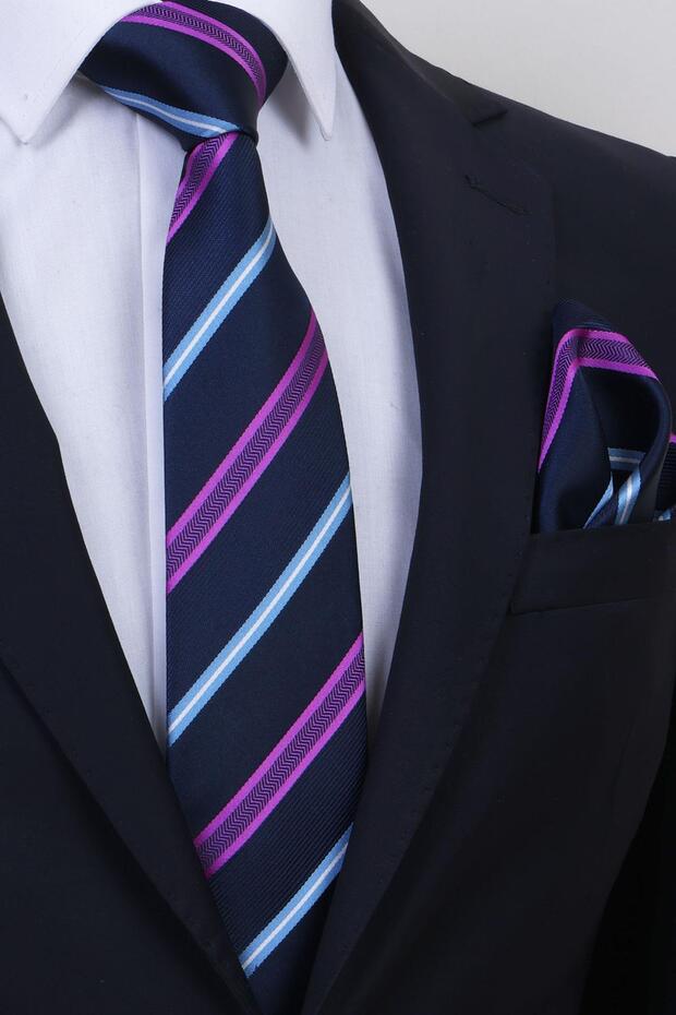 Handmade 7.5 cm Navy Blue Purple Striped Pattern Handkerchief Tie