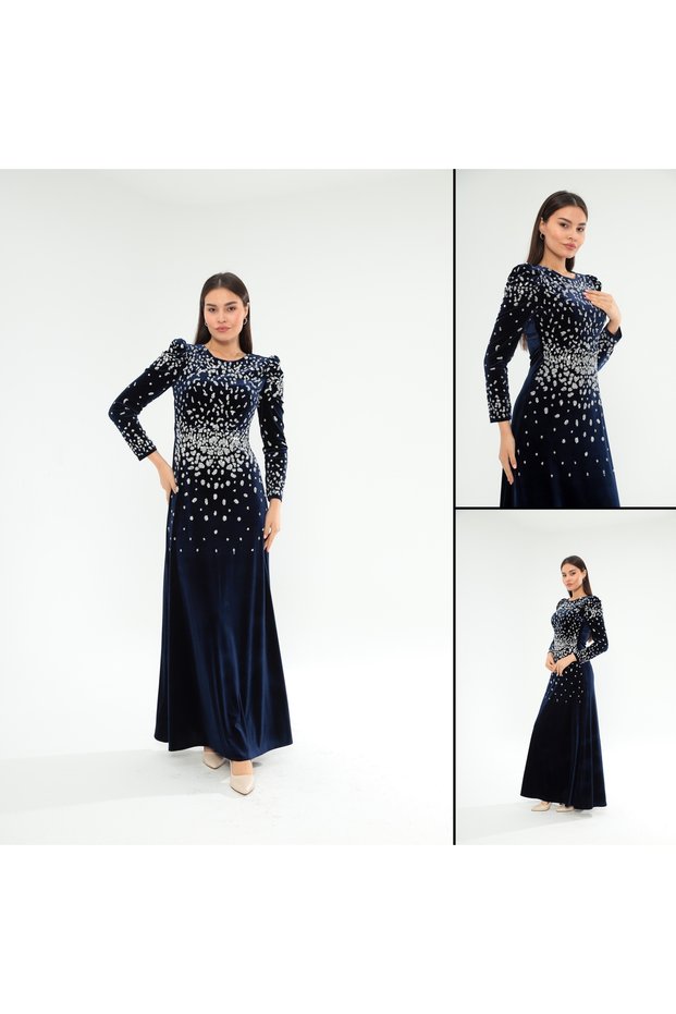 Women's Stone Printed Velvet Stylish Hijab Evening Dress