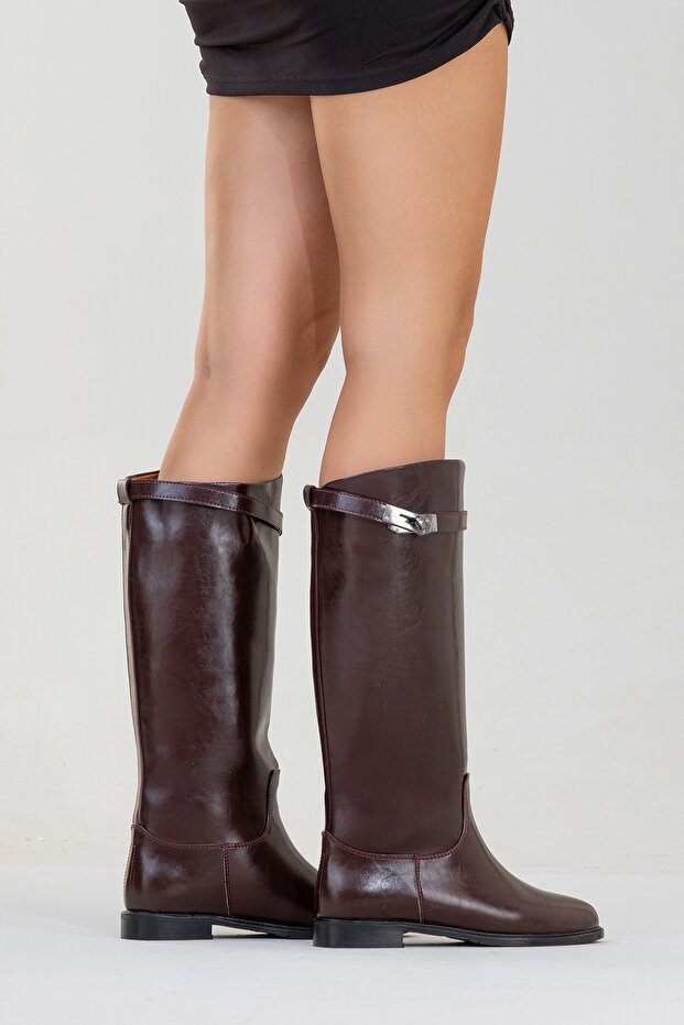 YOKO bordó bőr öves női lovaglócsizma - 5