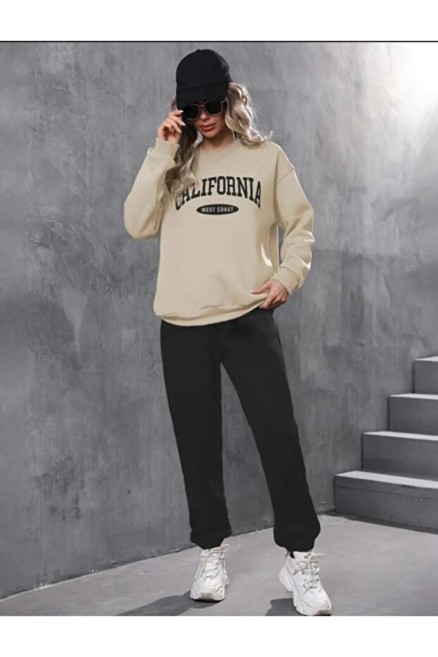 Women Printed Tracksuit Set - Crew Neck Sweatshirt Bottom Top Set