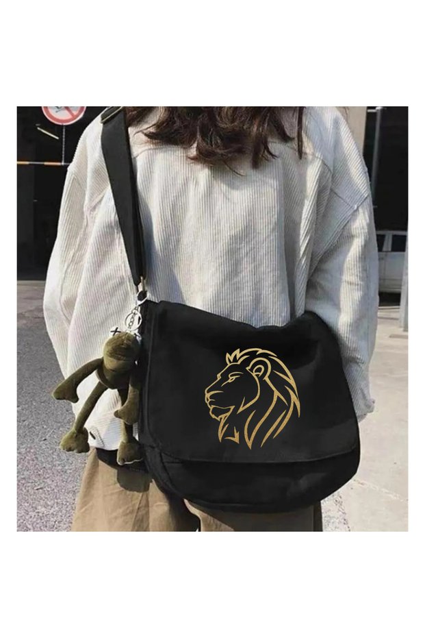 Lion Printed Black Messenger Bag