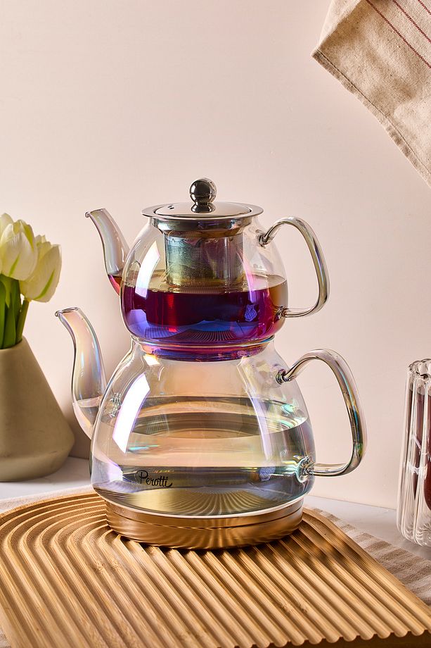 Carlo Luster Indüksiyon Tabanlı Borosilikat Cam Çaydanlık Takımı 500 ml Demlik 1500 ml Suluk - 1