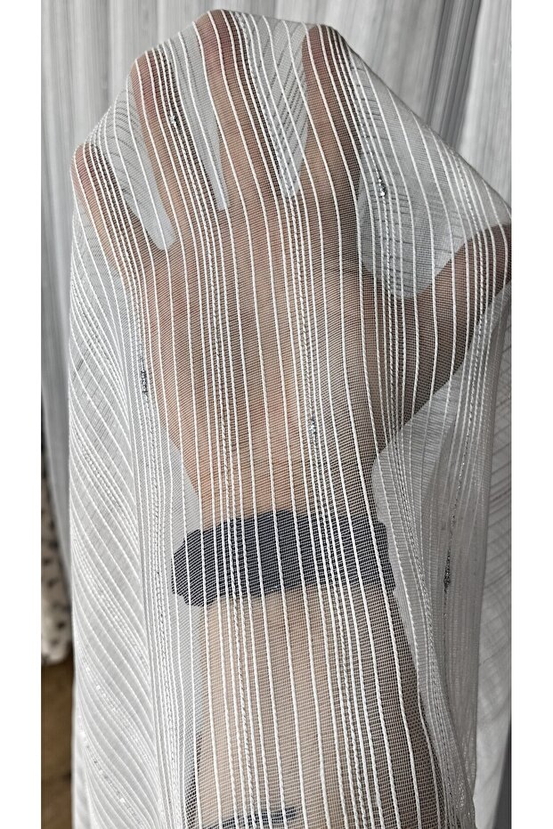 Chain Tulle Curtain Vertical Stripes Silver Drop Detail 1/3 Dense Pleats Wrinkle Resistant No Ironing Required Modern