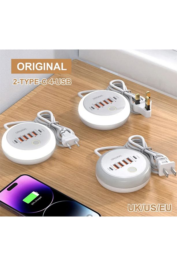 50W Çoklu Port USB-C Hızlı Şarj Adaptörü 4USB + 2Type-C Gece Lambalı iPhone 12 13 Uyumlu - 4
