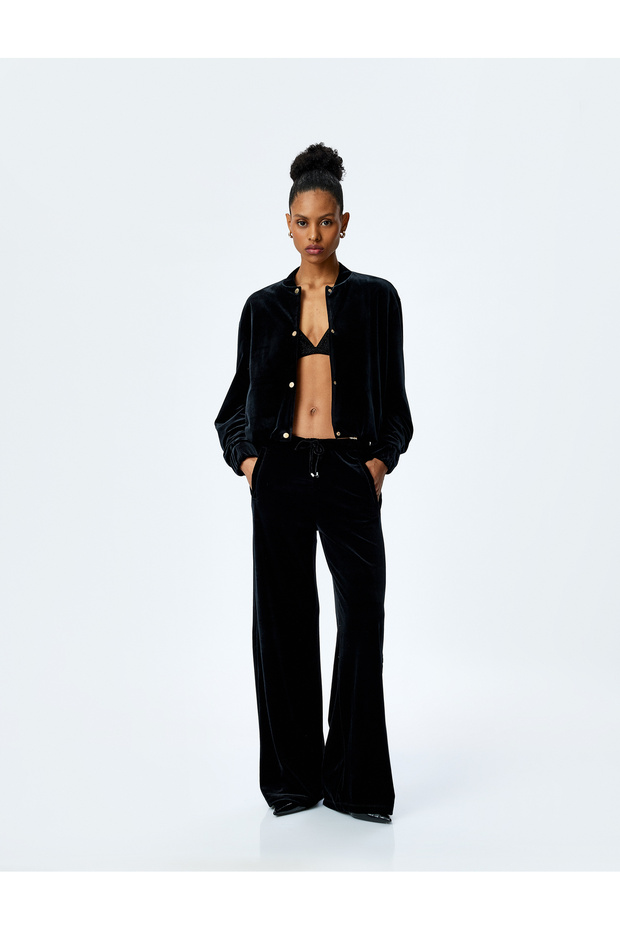 Wide Leg Velvet Trousers with Tie Waist Pockets