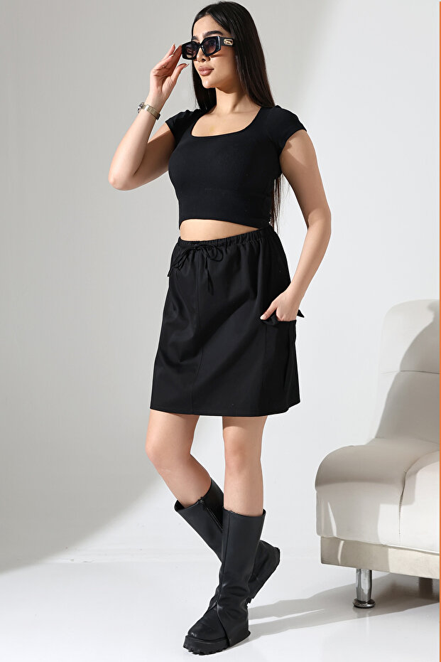 SİYAH MİNİ KARGO ETEK - 2