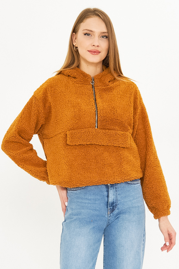 Camel Plush Hooded Sweatshirt - Pocket Cover, Arm-25K 001090