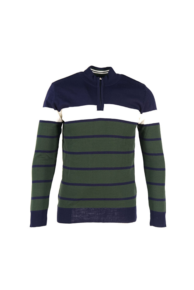 Half Zipper Striped Trender Men's Sweater 1412 Laci̇-Zümrüt-Opti̇k