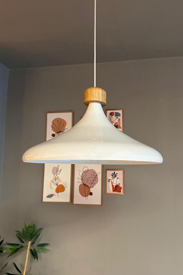 45 Cm Çap XL Beyaz Geniş Ahşap Başlık Avize Tekli Sarkıt Lamba Restoran Salon Mutfak Avize - 4