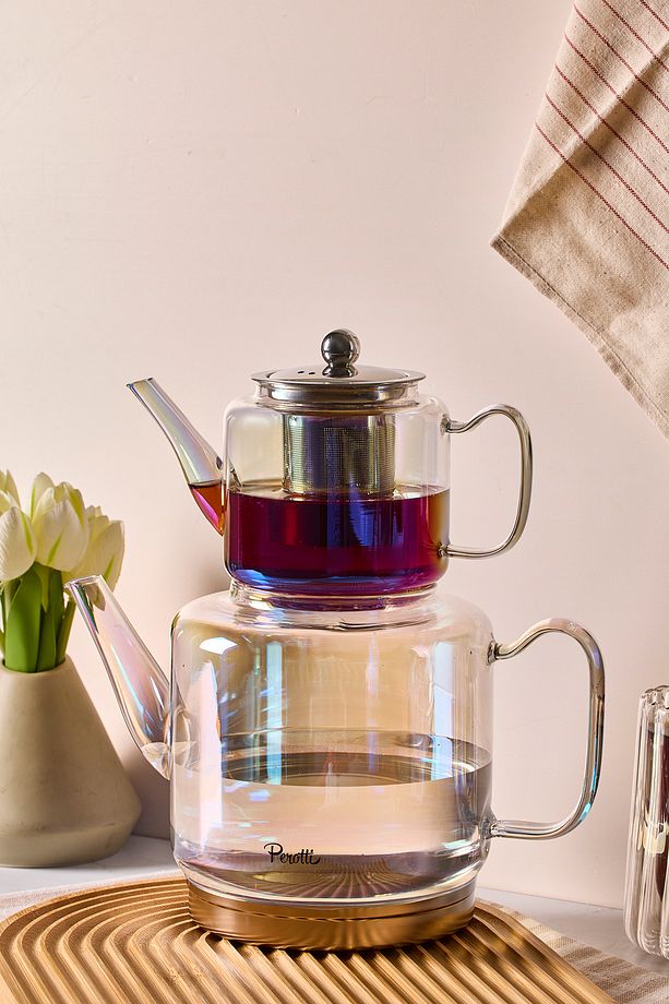 Elio Luster Indüksiyon Tabanlı Borosilikat Cam Çaydanlık Takımı 500 ml Demlik 1800 ml Suluk - 1