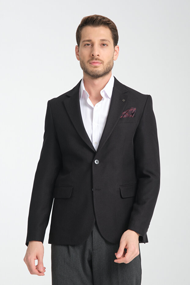 Alfredo Men's Black Mono Neck Linen Print Slim Fit Sports Blazer Jacket