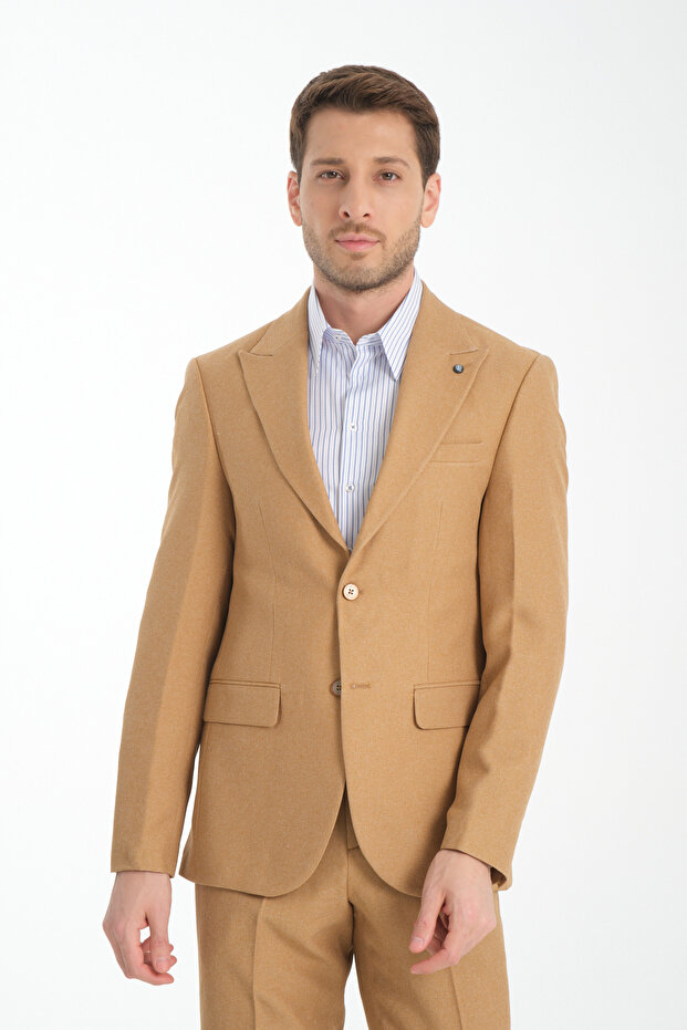 Slim Fit Men's Plain Pointed Neck Double Slit Lined Suit