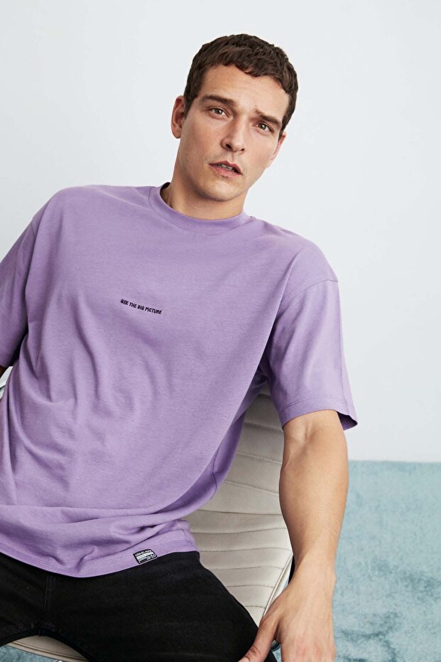 Rıver Erkek Oversize Fit Bol Kesim Nakış Işlemeli Basic Örme Mor T-shirt - 2