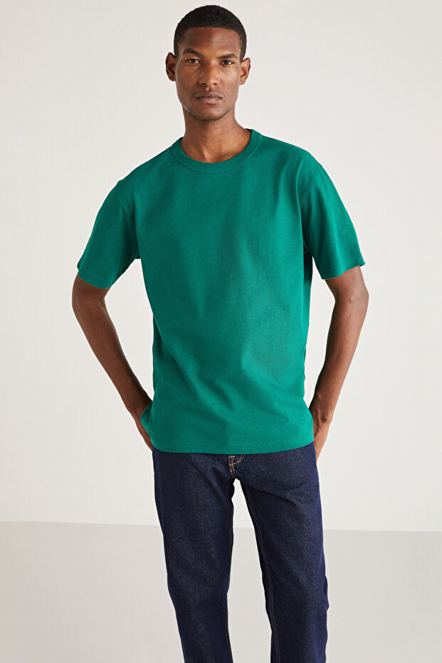 Astons Men's Relaxed 100% Organic Cotton Thick Single Jersey Woven Green T-Shirt