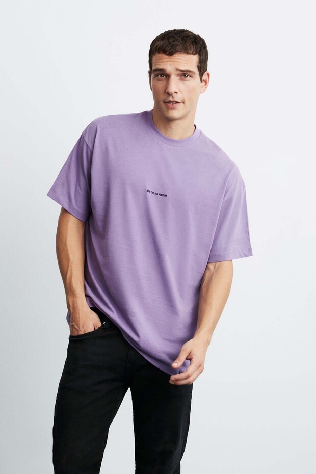 Rıver Erkek Oversize Fit Bol Kesim Nakış Işlemeli Basic Örme Mor T-shirt - 5