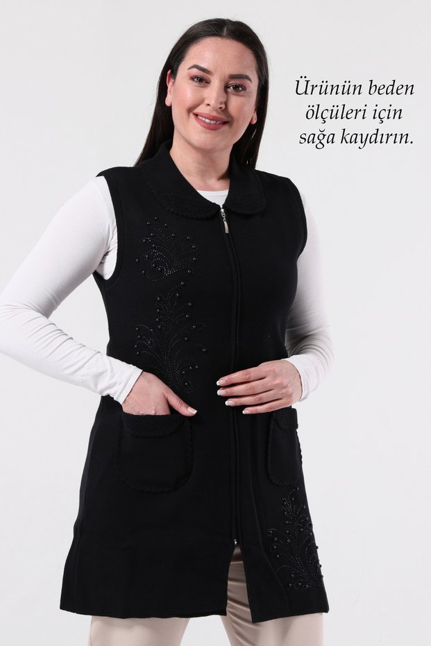 Knitwear Crocheted Stone Long Thick Wool Women's High Quality Zippered Mother's Winter Navy Blue Vest