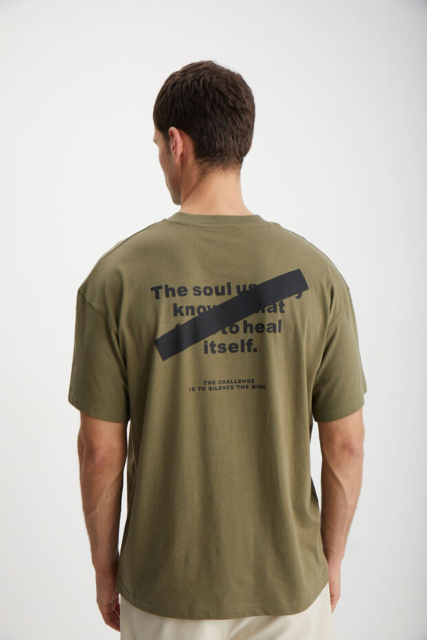 Mark Men's 100% Organic Cotton Thick Textured Oversize Khaki T-Shirt with Front and Back Print Detail