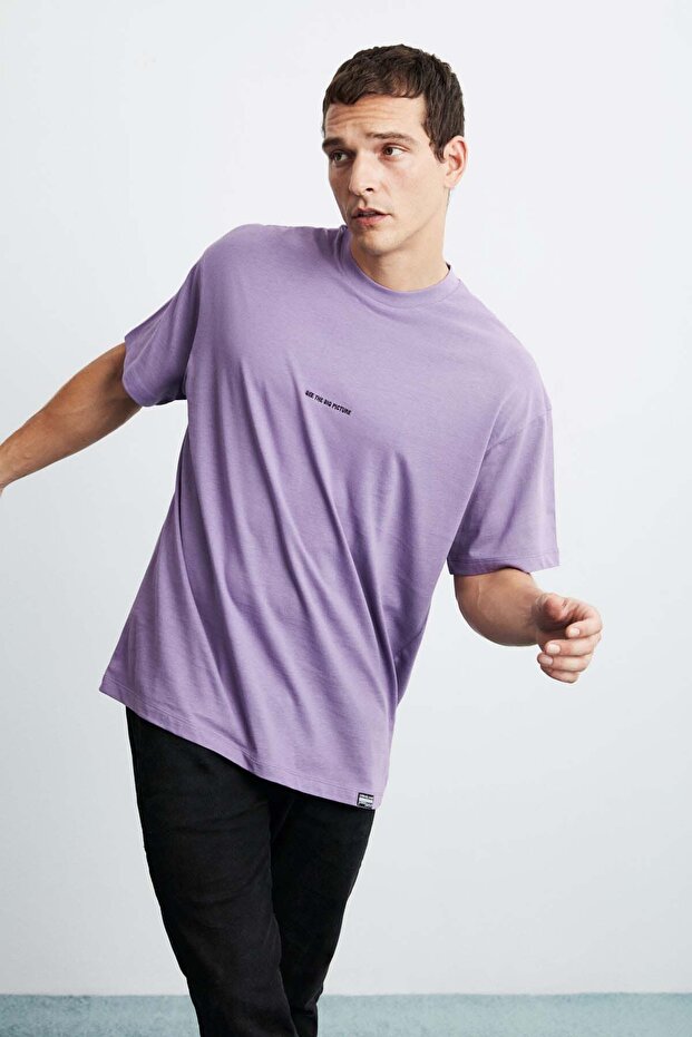 Rıver Erkek Oversize Fit Bol Kesim Nakış Işlemeli Basic Örme Mor T-shirt - 3