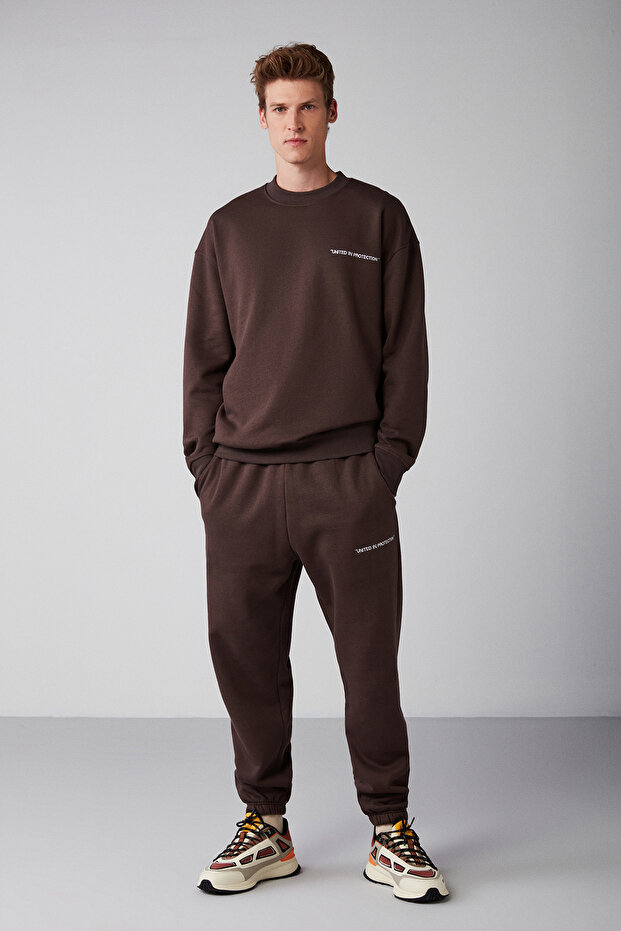 Marshall Men's Cotton Fleece Inside Embroidered Relaxed Brown Tracksuit Set - 4