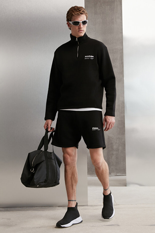 Halden Men's Regular Black Sweatshirt with Fleece Inside, Stand Collar, Half Zipper and Print Detail