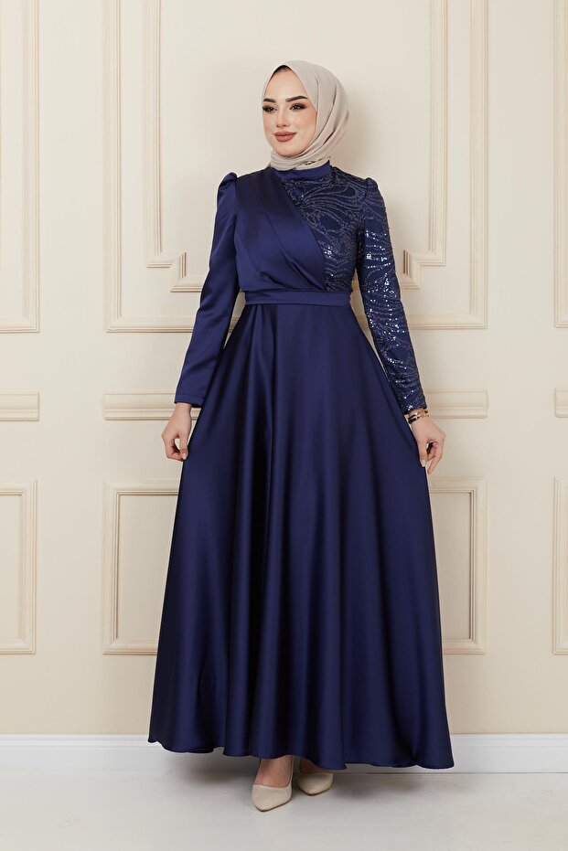 Satin Evening Dress with Flywheel and Sequin Detail, NAVY BLUE 1626