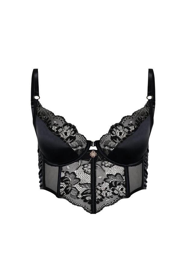 Camile Black Satin Gold Detailed Lace Corset Bra