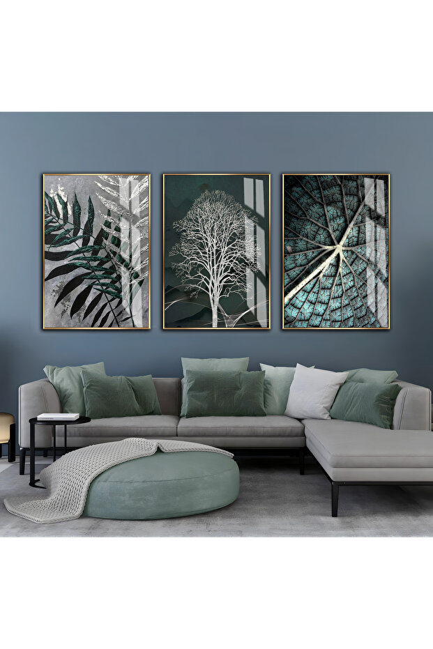 Hari̇kabi̇rev | Silver-Green Leaf Tree Combination | Framed Glass Table 3 Pieces Vertical