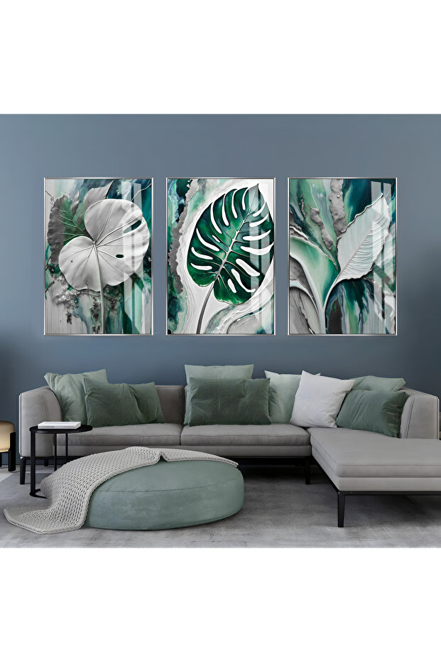 Hari̇kabi̇rev | Green-Grey Leaf Combination Ii | Framed Glass Table 3 Pieces Vertical