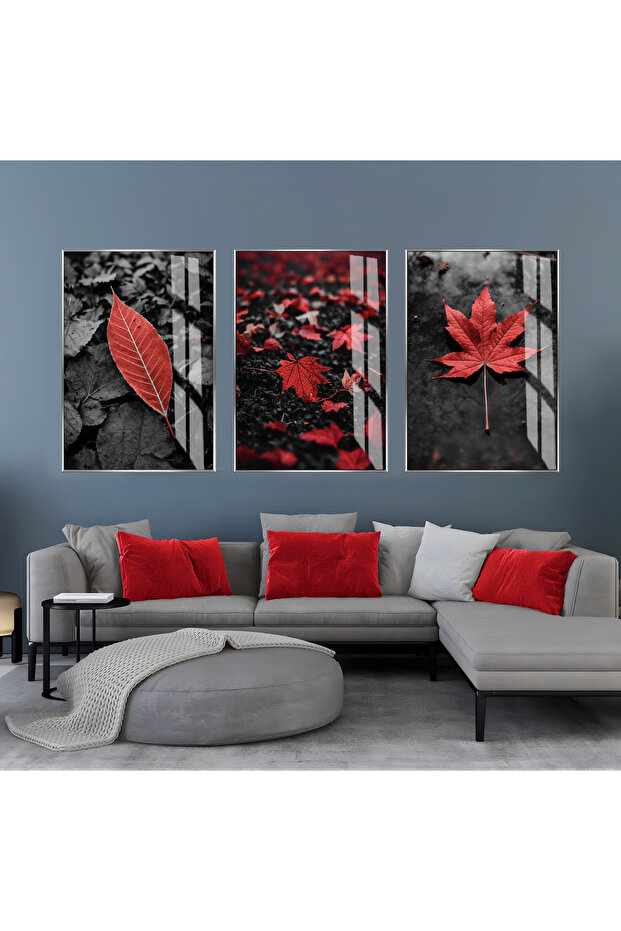 Hari̇kabi̇rev | Red-Grey Leaves Combination | Framed Glass Table 3 Pieces Vertical