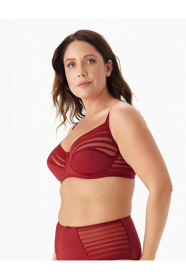 Women's Aster Underwire Burgundy Gathering Bra - Striped Detailed Transparent Tulle Design C2T0N1O7