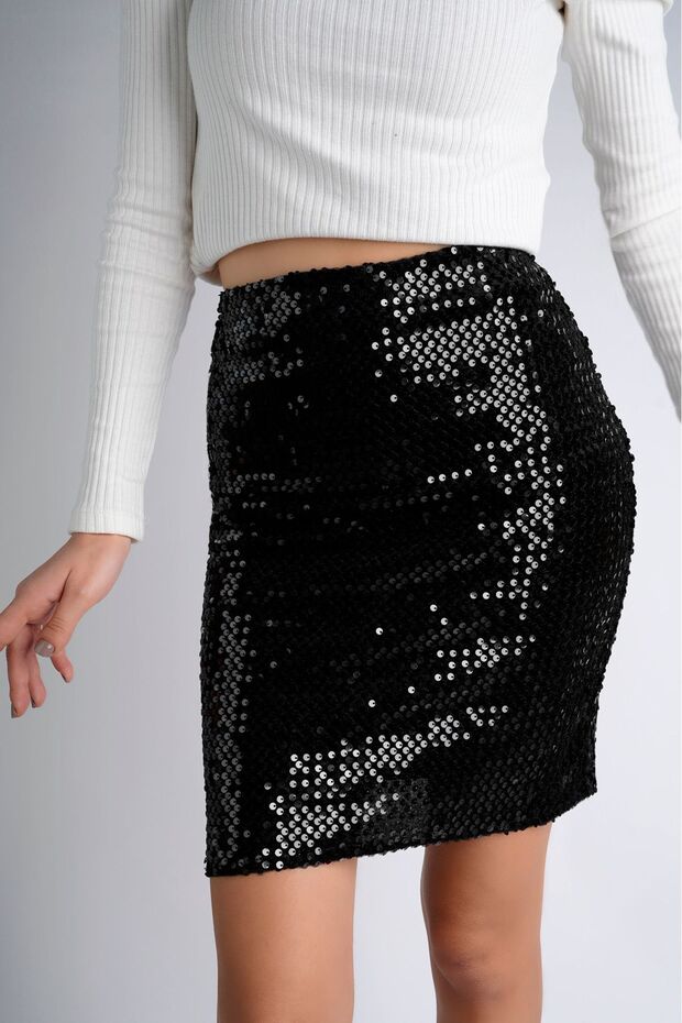 47 Cm Pullu Mini Etek Parti Düğün Gece Mini Etek Siyah - 5